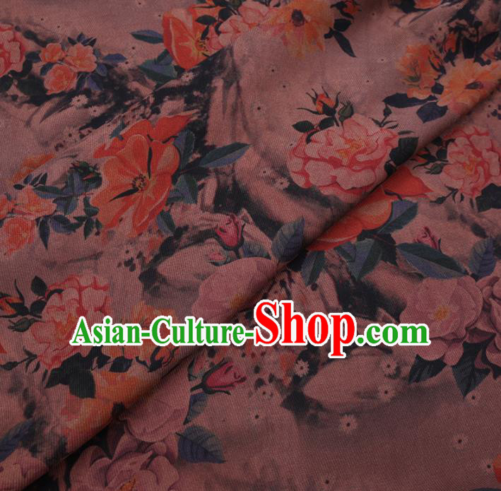 Chinese Cheongsam Classical Camellia Pattern Design Khaki Watered Gauze Fabric Asian Traditional Silk Material