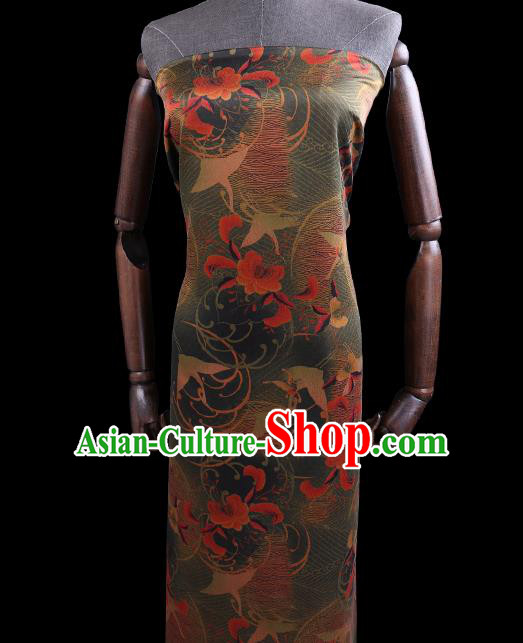Chinese Cheongsam Classical Crane Peony Pattern Design Green Watered Gauze Fabric Asian Traditional Silk Material