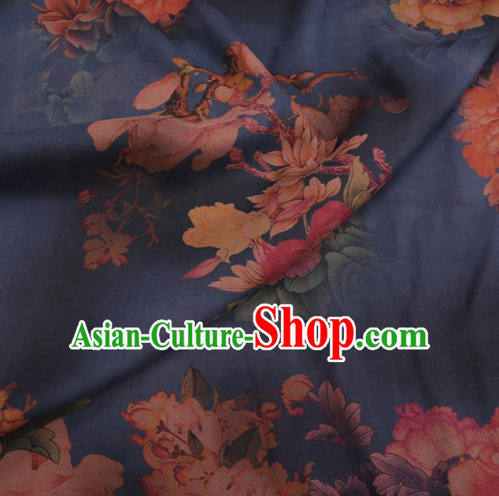 Chinese Cheongsam Classical Peony Magnolia Pattern Design Navy Watered Gauze Fabric Asian Traditional Silk Material