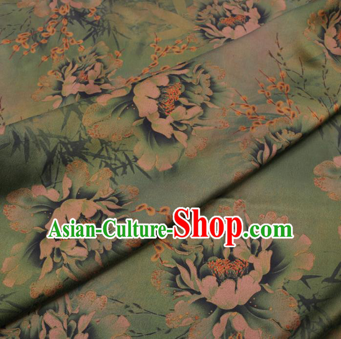 Chinese Cheongsam Classical Peony Jasminum Pattern Design Green Watered Gauze Fabric Asian Traditional Silk Material