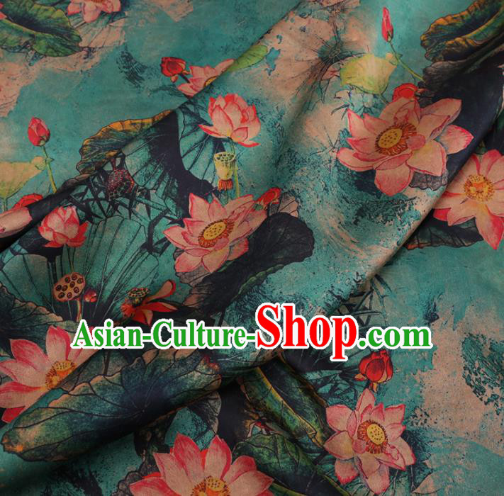 Chinese Cheongsam Classical Lotus Pattern Design Blue Watered Gauze Fabric Asian Traditional Silk Material