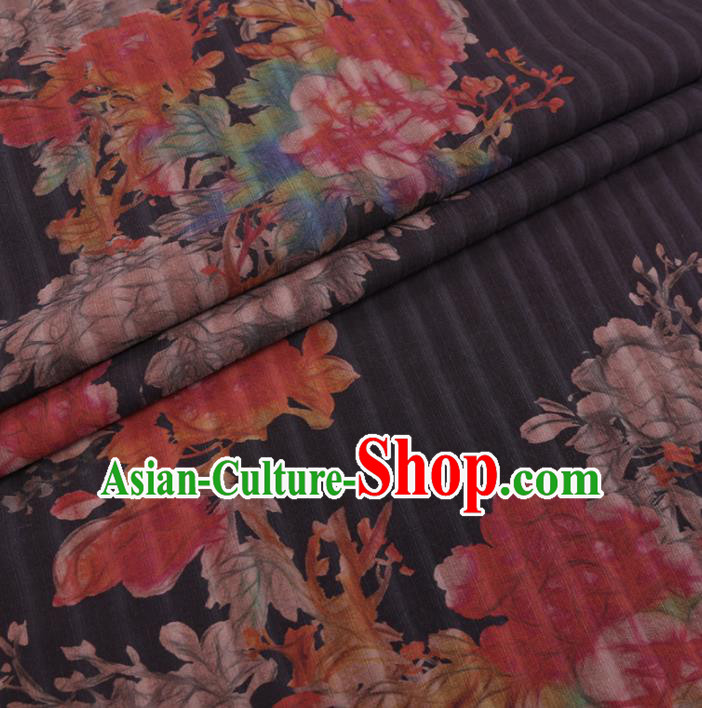 Chinese Cheongsam Classical Magnolia Peony Pattern Design Black Watered Gauze Fabric Asian Traditional Silk Material