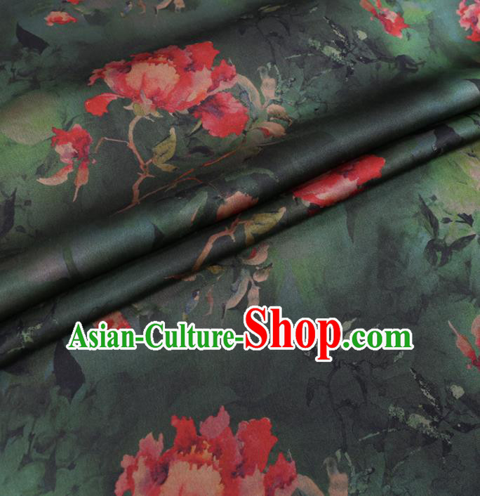 Chinese Cheongsam Classical Flowers Pattern Design Deep Green Watered Gauze Fabric Asian Traditional Silk Material