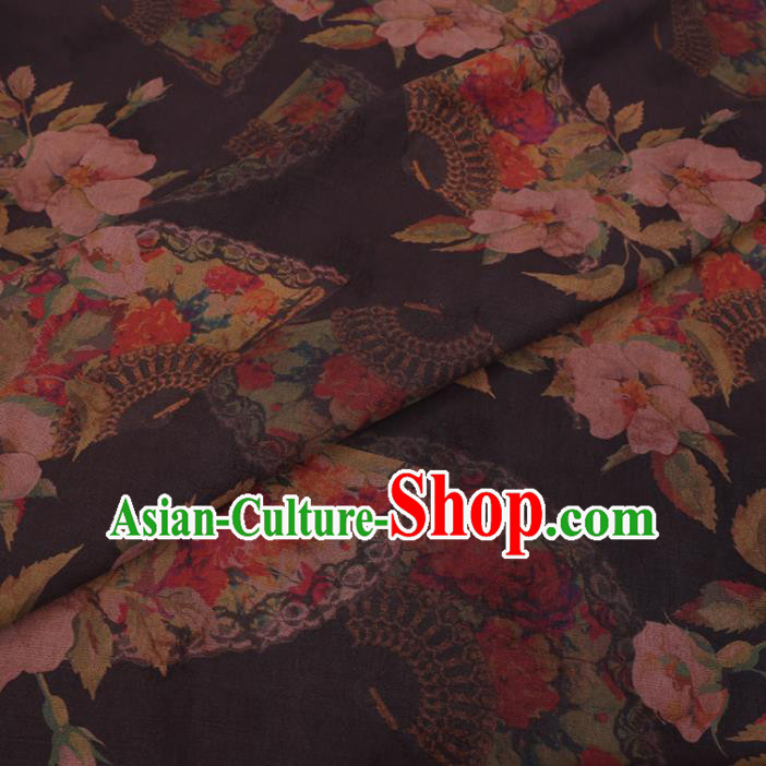 Chinese Cheongsam Classical Camellia Fan Pattern Design Black Watered Gauze Fabric Asian Traditional Silk Material