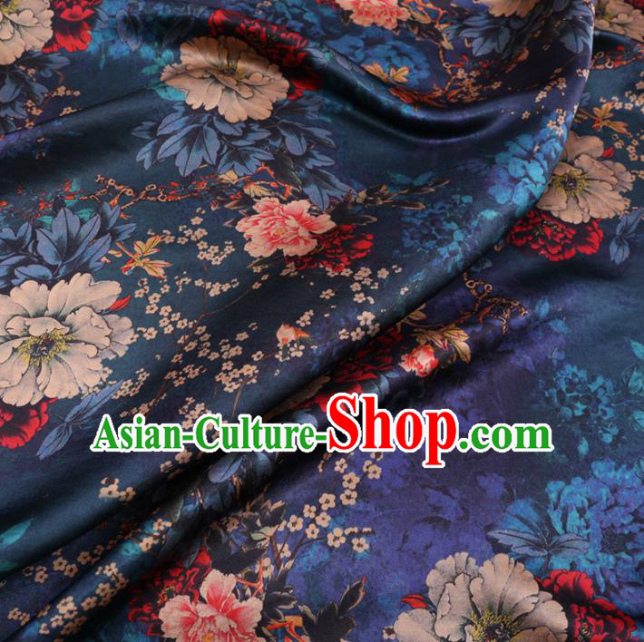Chinese Cheongsam Classical Plum Peony Pattern Design Peacock Blue Watered Gauze Fabric Asian Traditional Silk Material