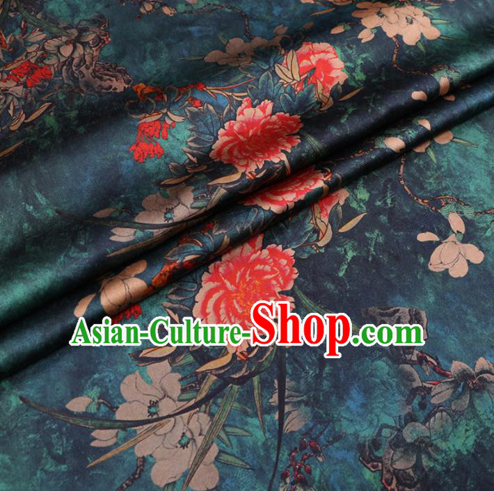 Chinese Cheongsam Classical Magnolia Peony Pattern Design Peacock Green Watered Gauze Fabric Asian Traditional Silk Material