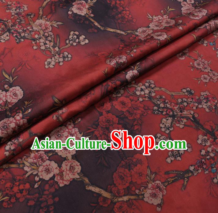 Chinese Cheongsam Classical Plum Pattern Design Dark Red Watered Gauze Fabric Asian Traditional Silk Material