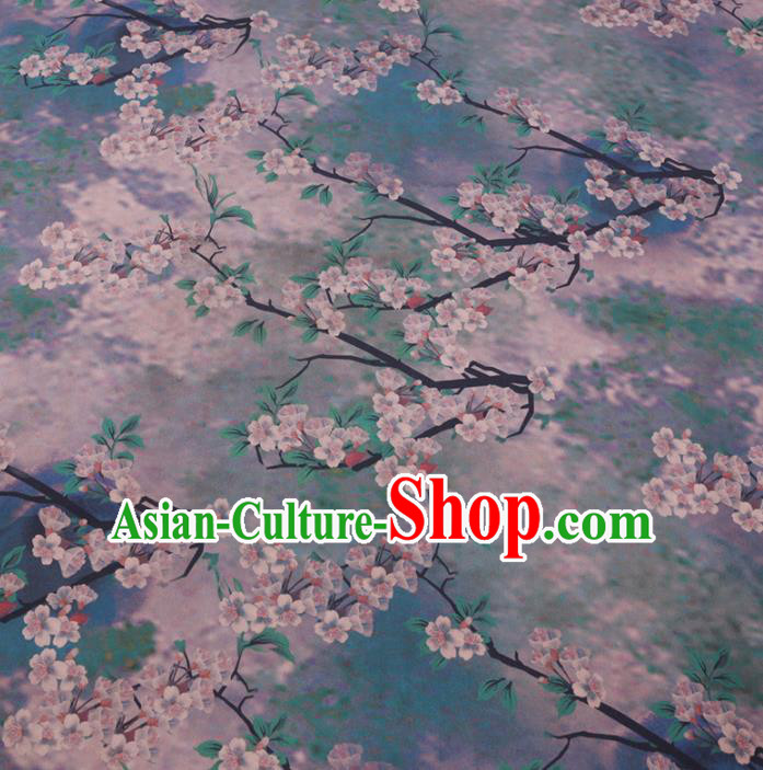 Chinese Cheongsam Classical Peach Blossom Pattern Design Blue Watered Gauze Fabric Asian Traditional Silk Material