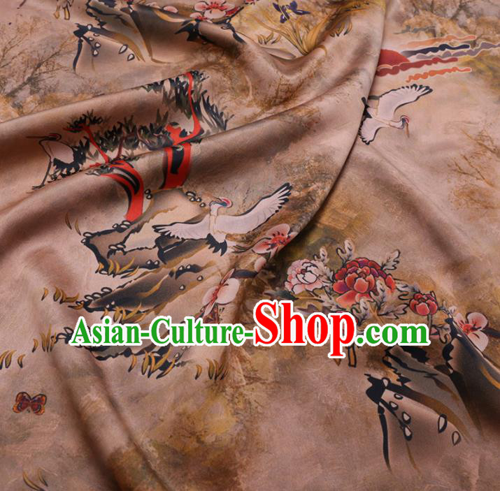 Chinese Cheongsam Classical Crane Plum Pattern Design Khaki Watered Gauze Fabric Asian Traditional Silk Material