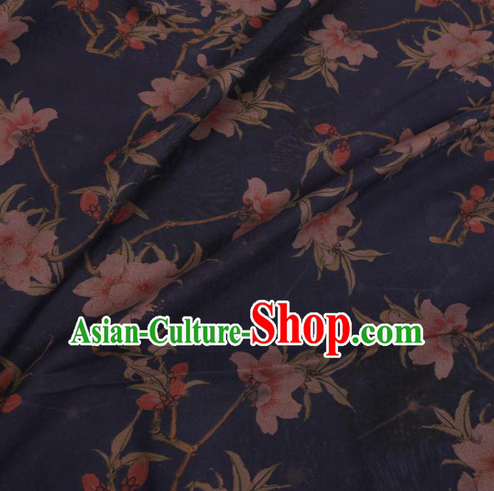 Chinese Cheongsam Classical Peach Flowers Pattern Design Navy Watered Gauze Fabric Asian Traditional Silk Material