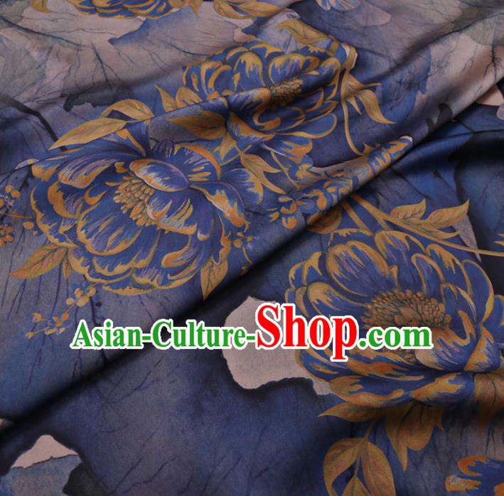 Chinese Cheongsam Classical Peony Flowers Pattern Design Navy Blue Watered Gauze Fabric Asian Traditional Silk Material