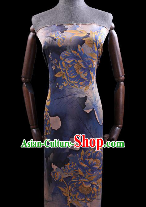 Chinese Cheongsam Classical Peony Flowers Pattern Design Navy Blue Watered Gauze Fabric Asian Traditional Silk Material