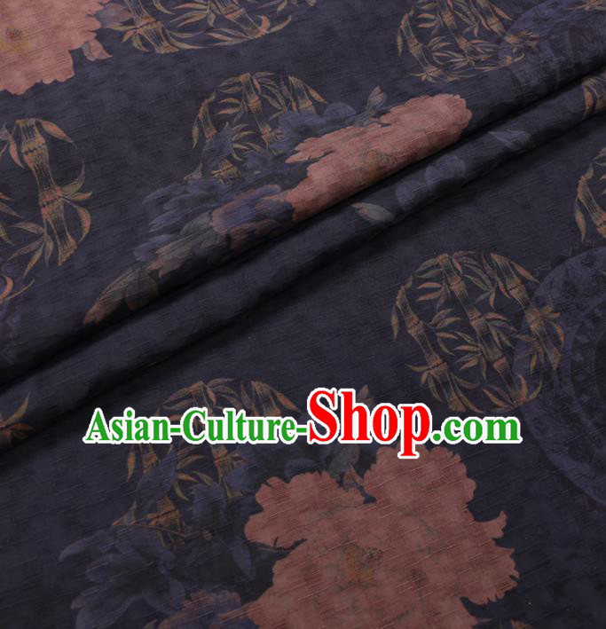 Chinese Cheongsam Classical Peony Bamboo Pattern Design Navy Watered Gauze Fabric Asian Traditional Silk Material