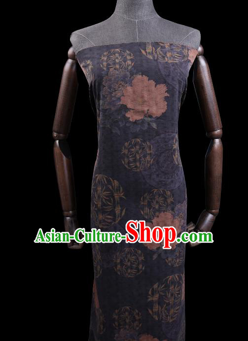 Chinese Cheongsam Classical Peony Bamboo Pattern Design Navy Watered Gauze Fabric Asian Traditional Silk Material