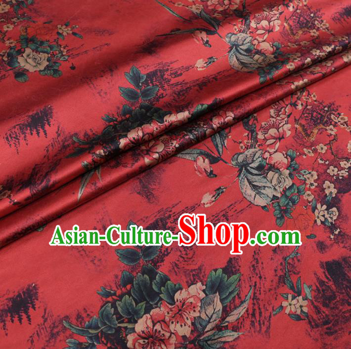 Chinese Cheongsam Classical Plum Flowers Pattern Design Red Watered Gauze Fabric Asian Traditional Silk Material