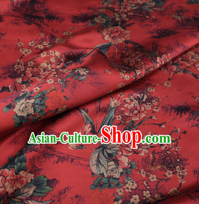 Chinese Cheongsam Classical Plum Flowers Pattern Design Red Watered Gauze Fabric Asian Traditional Silk Material