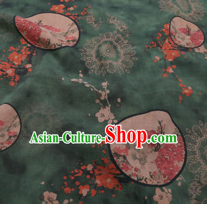 Chinese Cheongsam Classical Plum Fan Pattern Design Green Watered Gauze Fabric Asian Traditional Silk Material