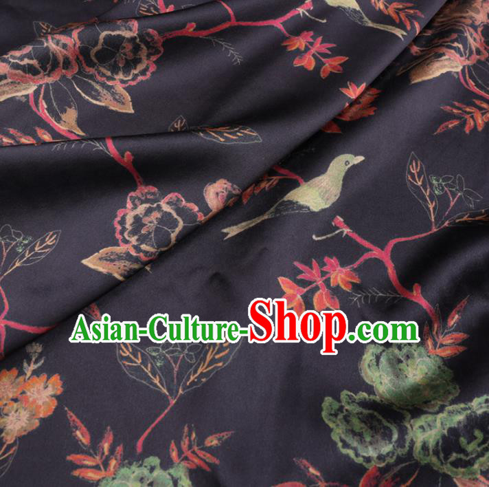 Chinese Cheongsam Classical Flowers Birds Pattern Design Black Watered Gauze Fabric Asian Traditional Silk Material