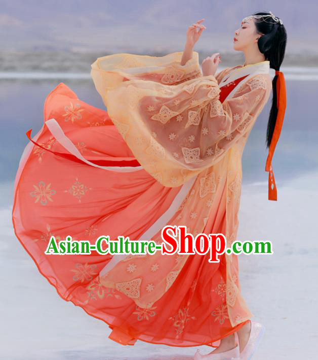 Chinese Ancient Goddess Embroidered Red Dress Traditional Jin Dynasty Court Princess Costumes for Women