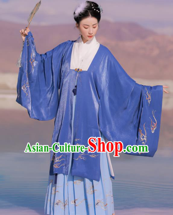 Chinese Ancient Royal Dowager Embroidered Blue Dress Traditional Ming Dynasty Court Countess Costumes for Women