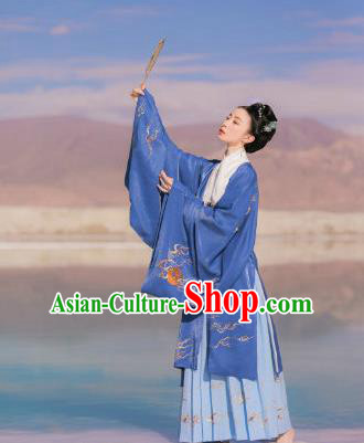 Chinese Ancient Royal Dowager Embroidered Blue Dress Traditional Ming Dynasty Court Countess Costumes for Women