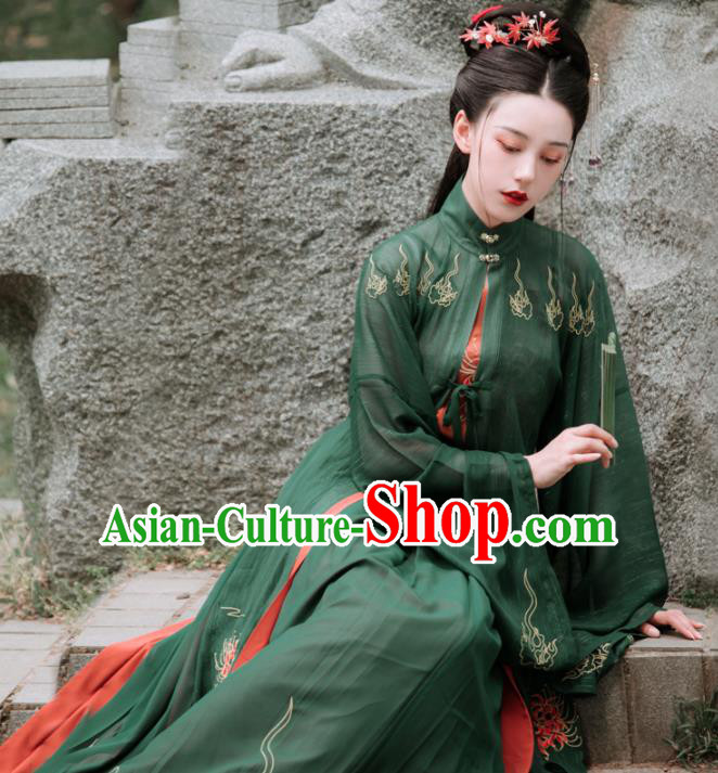 Chinese Ancient Embroidered Green Dress Traditional Ming Dynasty Aristocratic Lady Costumes for Women