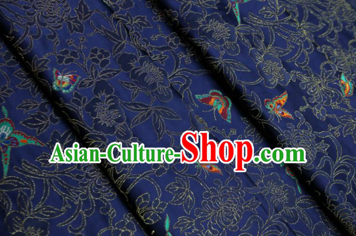 Chinese Classical Chrysanthemum Butterfly Pattern Design Navy Brocade Fabric Asian Traditional Silk Material