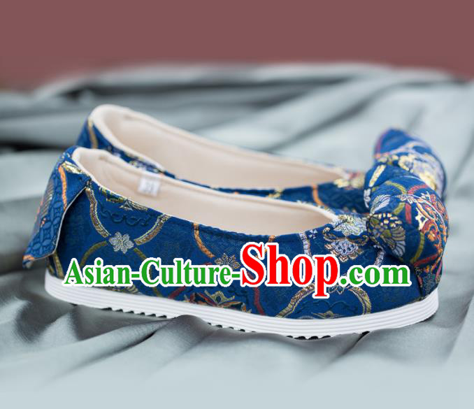 Chinese Traditional Navy Brocade Bow Shoes Opera Shoes Hanfu Shoes Wedding Shoes for Women