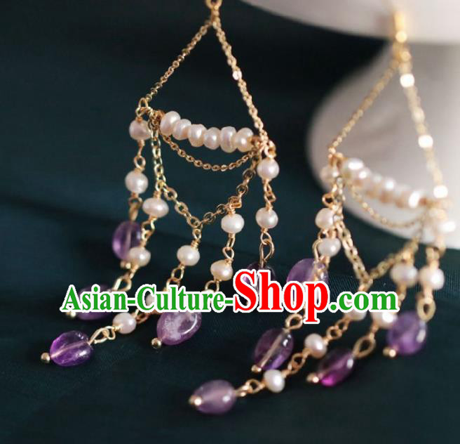 Chinese Traditional Hanfu Pearls Tassel Earrings Handmade Ear Jewelry Accessories for Women