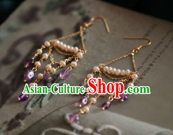 Chinese Traditional Hanfu Pearls Tassel Earrings Handmade Ear Jewelry Accessories for Women