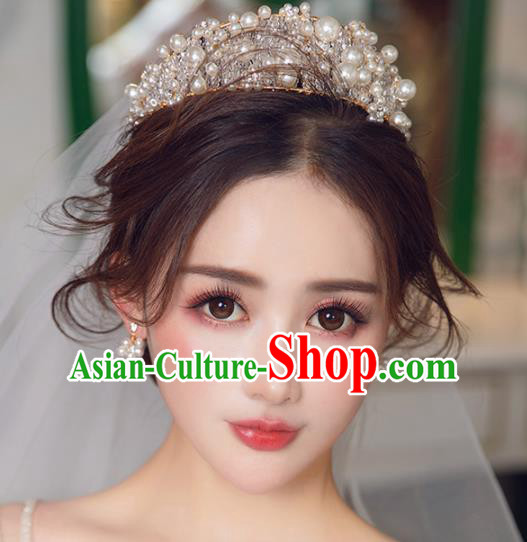 Top Handmade Bride Pearls Royal Crown Wedding Hair Accessories for Women
