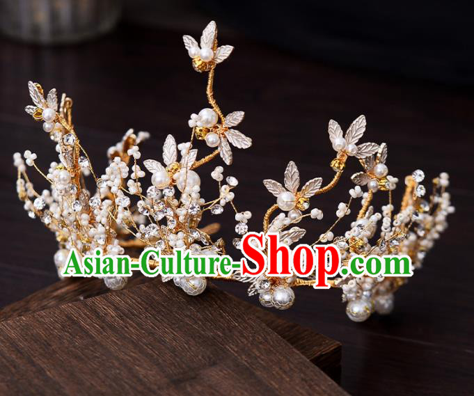 Top Handmade Bride Beads Leaf Royal Crown Wedding Hair Accessories for Women