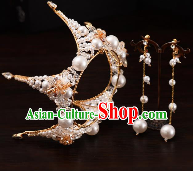 Top Handmade Bride Pearls Round Royal Crown Wedding Hair Accessories for Women