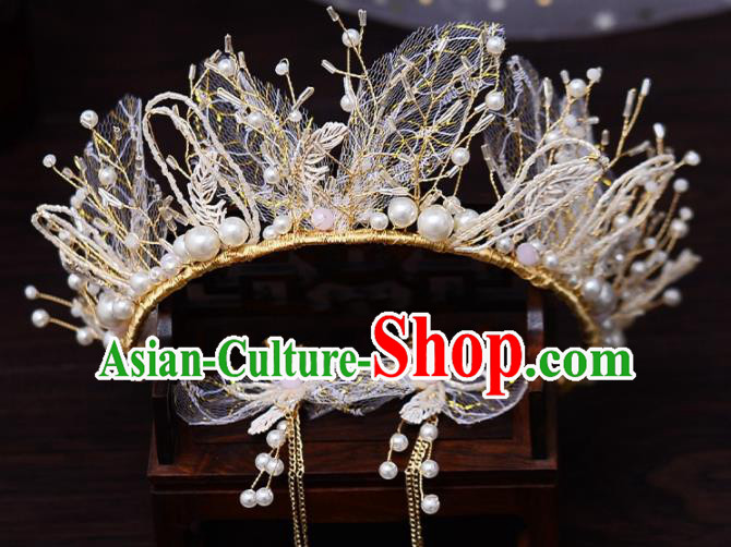 Top Handmade Bride Beads Silk Royal Crown Wedding Hair Accessories for Women