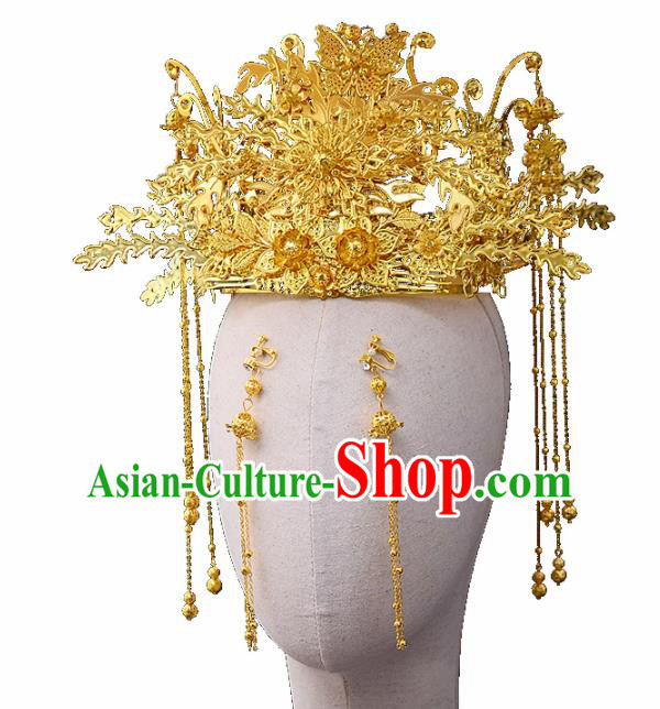 Chinese Traditional Wedding Golden Phoenix Coronet Handmade Bride Hair Accessories for Women