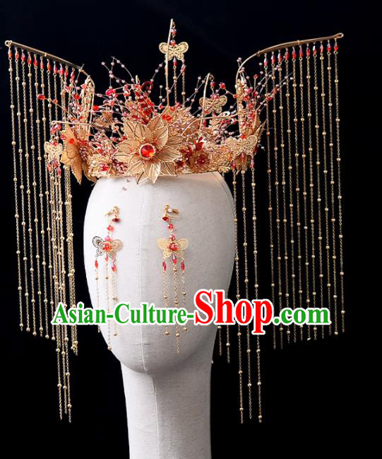 Chinese Traditional Wedding Golden Peony Phoenix Coronet Handmade Bride Hair Accessories for Women