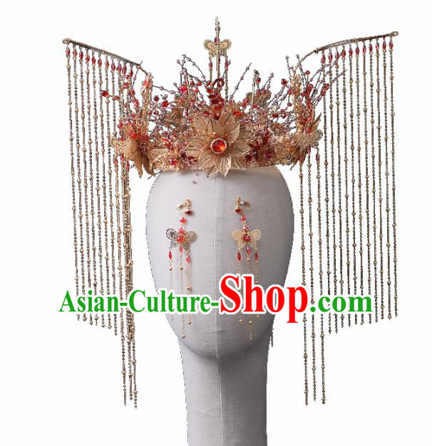 Chinese Traditional Wedding Golden Peony Phoenix Coronet Handmade Bride Hair Accessories for Women