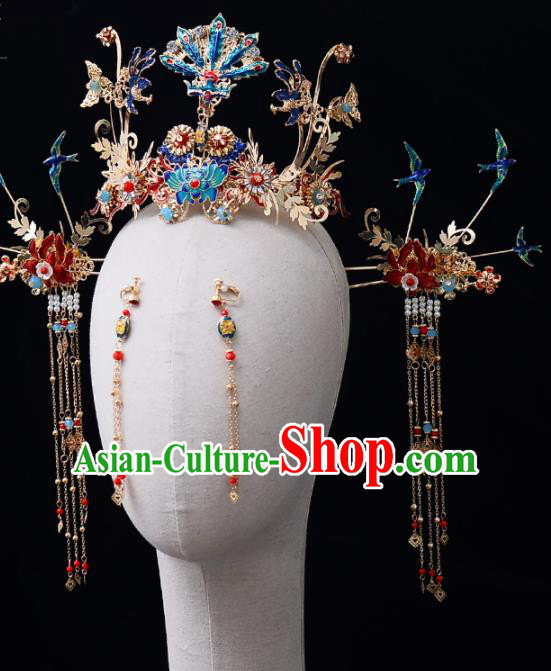 Chinese Traditional Wedding Cloisonne Phoenix Coronet Handmade Bride Hair Accessories for Women