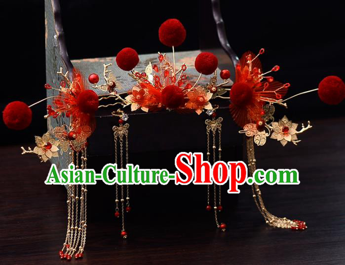 Chinese Traditional Wedding Red Silk Hairpins Hair Comb Handmade Bride Hair Accessories for Women