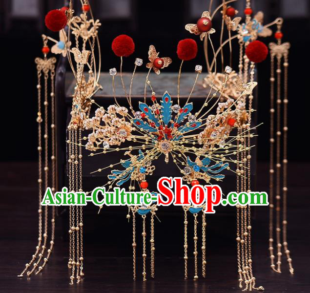 Chinese Traditional Wedding Tassel Phoenix Hair Crown Handmade Bride Hair Accessories for Women