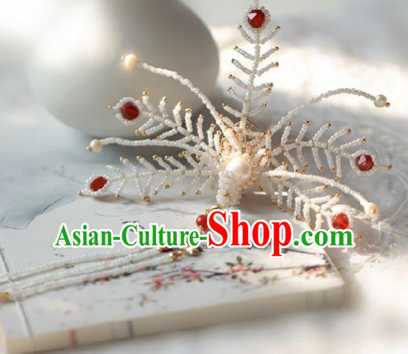 Chinese Handmade Ming Dynasty Queen White Beads Phoenix Tassel Hairpins Ancient Hanfu Hair Accessories for Women