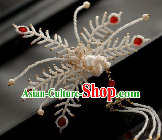 Chinese Handmade Ming Dynasty Queen White Beads Phoenix Tassel Hairpins Ancient Hanfu Hair Accessories for Women