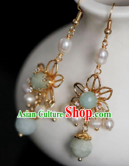 Chinese Traditional Hanfu Green Stone Tassel Earrings Handmade Ear Jewelry Accessories for Women