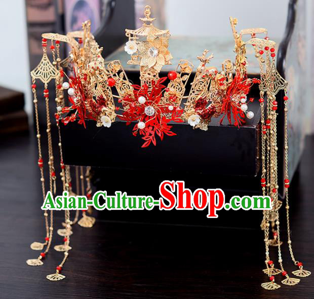 Chinese Traditional Wedding Red Leaf Hair Crown Handmade Bride Hair Accessories for Women