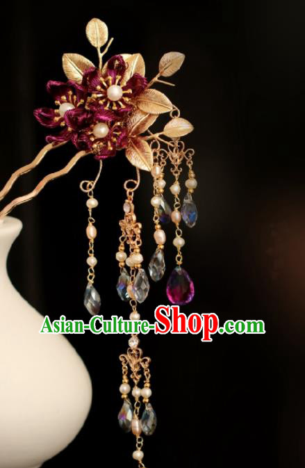 Chinese Handmade Ming Dynasty Princess Purple Flower Tassel Hairpins Ancient Hanfu Hair Accessories for Women