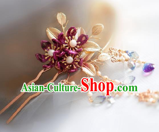 Chinese Handmade Ming Dynasty Princess Purple Flower Tassel Hairpins Ancient Hanfu Hair Accessories for Women