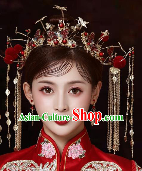 Chinese Traditional Wedding Red Butterfly Hair Crown Handmade Bride Hair Accessories for Women
