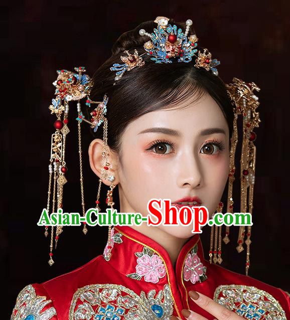 Chinese Traditional Wedding Cloisonne Tassel Hair Crown Hairpins Handmade Bride Hair Accessories for Women