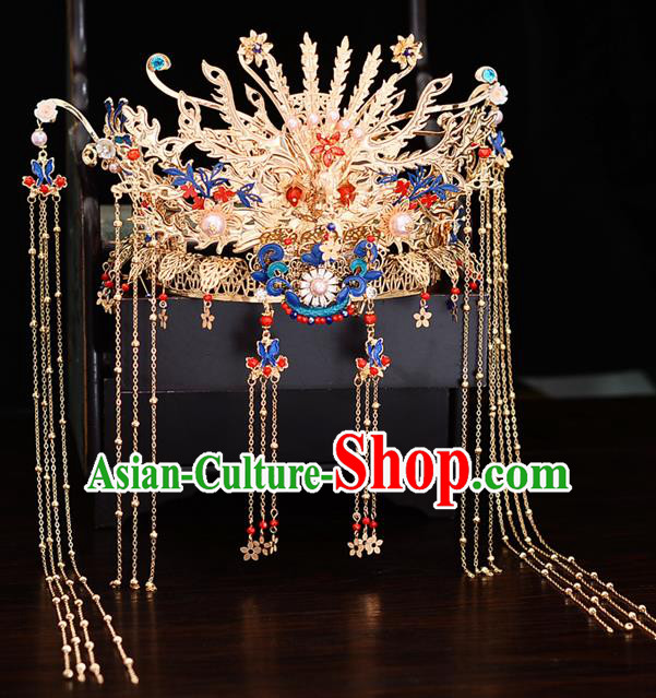 Chinese Traditional Wedding Phoenix Tassel Hair Crown Hairpins Handmade Bride Hair Accessories for Women
