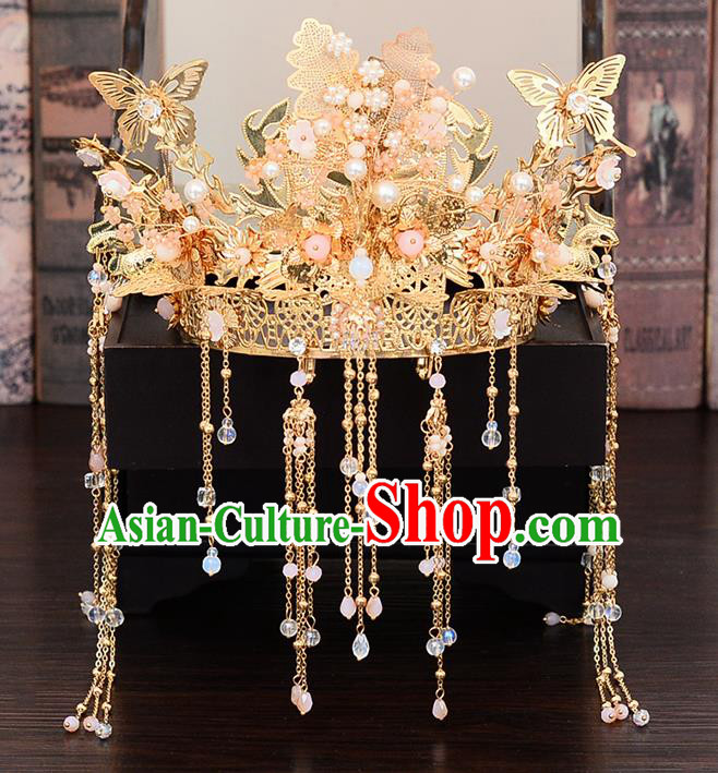 Chinese Traditional Wedding Queen Golden Butterfly Hair Crown Hairpins Handmade Bride Hair Accessories for Women